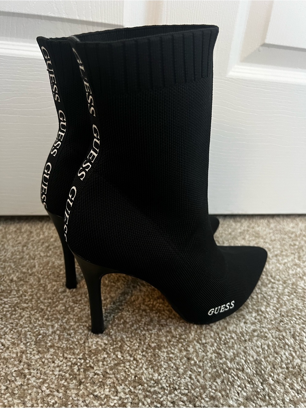 GUESS Black Stretch Sock Stiletto Booties with Logo Pull